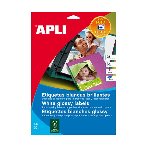 Etiquetas glossy adhesiva calidad fotográfica 199,6 x 289,1 para impresoras láser Apli Etiquetas glossy adhesiva calidad fotográfica 199,6 x 289,1 para impresoras láser Apli