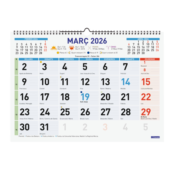 CALENDARI PARED ESP. M/V 430x310 APU.CAT FINOCAM COLOR