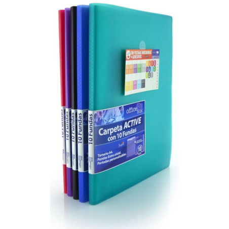 Carpeta 10 fundas A4 227x308mm. PP color surtido Supra Office Box