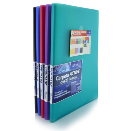 Carpeta 20 fundas A4 227x308mm. PP color surtido Supra Office Box