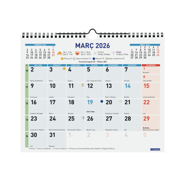 CALENDARI PARED ESP. M/V 300x250 APU.CAT FINOCAM COLOR ANY 2023