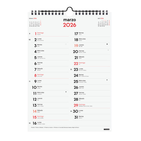 CALENDARI PARED ESP. M/V 210x300 APU. 2 COLUMNES SP FINOCAM AÑO
