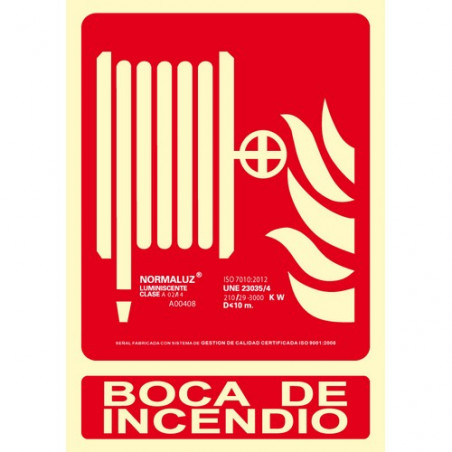 Señal PVC normalizada ´´Boca de incendio´´  fotoluminiscente 210